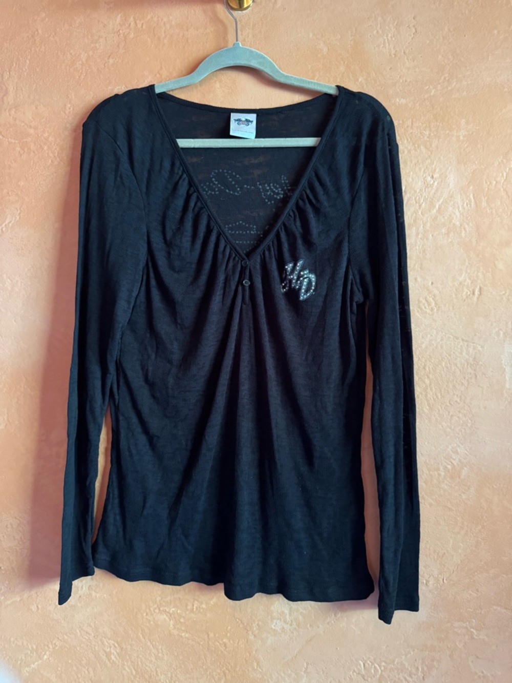 Harley Davidson Sheer Burnout Long Sleeve Wing Graphic Y2K Top Large